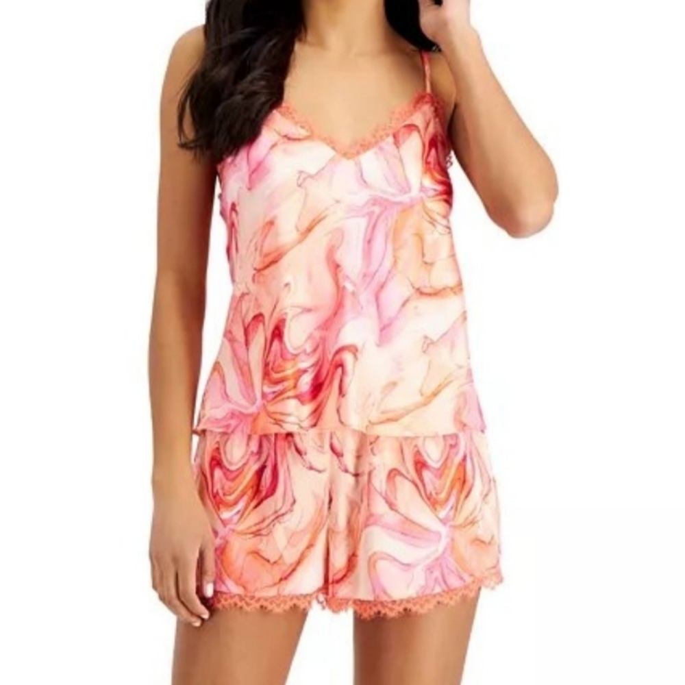 Inc International Concepts Pajama Set Women‎ XS Pink Marble Lace Trim Satin